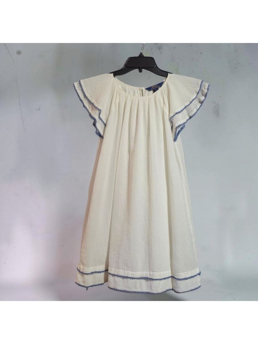 Polo RL Girls White Cotton Gauze Flutter Sleeve Embroidered Dress Size 12